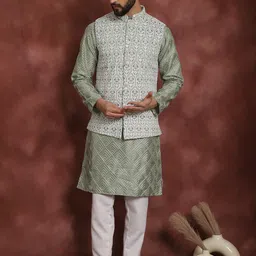 Anouk Floral Woven Design Mandarin Collar Long Sleeves Kurta with Churidar Nehru Jacket-80