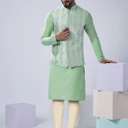 KISAH Geometric Embroidered Kurta With Churidar & Nehru jacket-image-87