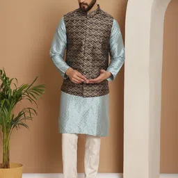 Anouk Ethnic Motifs Embroidered Straight Jacquard Silk Regular Kurta with Churidar-30