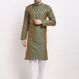 Jompers Men Green & White Ethnic Motifs Woven Design Regular Kurta with Churidar-15