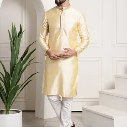 SOJANYA Men Gold-Coloured & Off-White Embroidered Kurta with Churidar-picture-42
