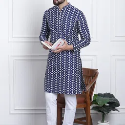 SOJANYA Men Navy Blue & White Embroidered Kurta with Churidar-image-49