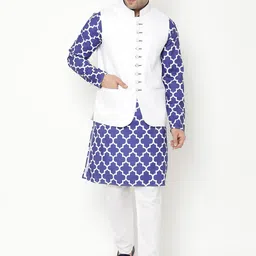 Hangup Men Blue Ethnic Motifs Printed Kurta with Churidar & Nehru Jacket-picture-42