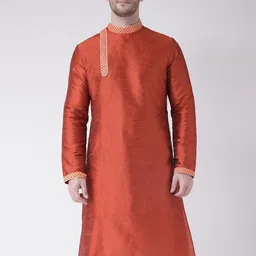 DEYANN Men Orange Dupion Silk Kurta with Churidar-image-36