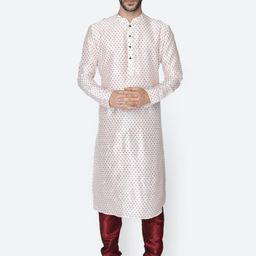 NAMASKAR Men White Dupion Silk Printed Kurta with Churidar-44