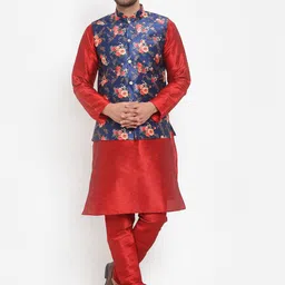KRAFT INDIA Men Red Kurta & Churidar with Printed Nehru Jacket-14