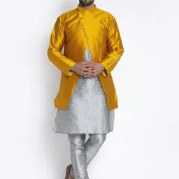 Benstoke Men Grey Paisley Yoke Design Dupion Silk Kurta with Churidar-image-57