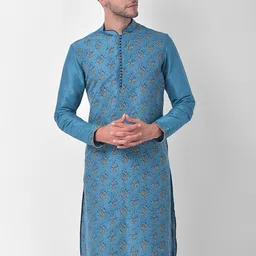 DEYANN Men Blue Printed Regular Dupion Silk Kurta with Churidar-image-92