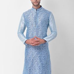 DEYANN Men Blue Embroidered Regular Dupion Silk Kurta with Churidar-picture-40