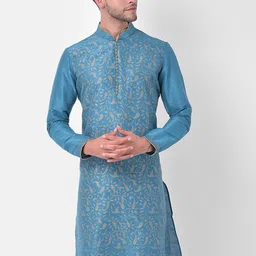 DEYANN Men Blue & Beige Ethnic Motifs Printed Dupion Silk Kurta with Churidar-picture-24