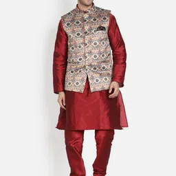 Armaan Ethnic Mandarin Collar Dupion Silk Kurta with Churidar And Printed Nehru Jacket-13