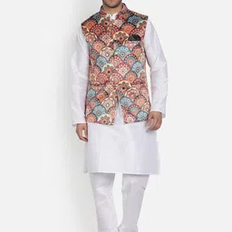 Armaan Ethnic Mandarin Collar Dupion Silk Kurta with Churidar And Printed Nehru Jacket-62