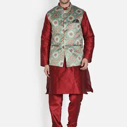 Armaan Ethnic Mandarin Collar Dupion Silk Kurta with Churidar And Printed Nehru Jacket-15