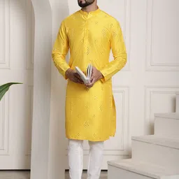 SOJANYA Men Yellow Mirror Work Kurta with Churidar-picture-15