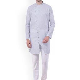 TABARD Men Blue Cotton Linen Striped Kurta with Churidar-image-45