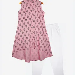 KiddoPanti Girls Pink & White Ethnic Motifs Printed Kurta with Leggings-image-57