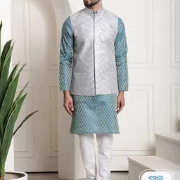 SOJANYA Ethnic Woven Design Jacquard Silk Cotton Kurta With Churidar & Nehru Jacket-picture-19