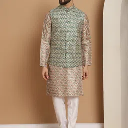 Anouk Beige Ethnic Motifs Woven Design Straight Kurta With Churidar & Nehru Jacket-88