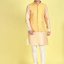 Sanwara Mandarin Collar Straight Kurta with Churidar & Nehru Jacket-picture-58