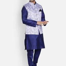 Armaan Ethnic Mandarin Collar Dupion Silk Kurta with Churidar And Printed Nehru Jacket image 3