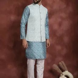 Anouk Men Geometic Printed Thread Work Straight Kurta With Pyjama & Nehru Jacket image 5
