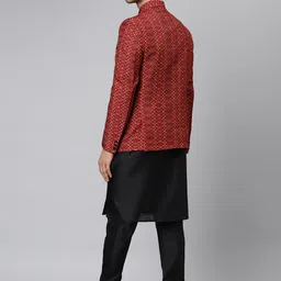 Hangup Men Black & Red Regular Dupion Silk Kurta With Pyjamas & Blazer image 5