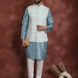 Anouk Men Geometic Printed Thread Work Straight Kurta With Pyjama & Nehru Jacket-5