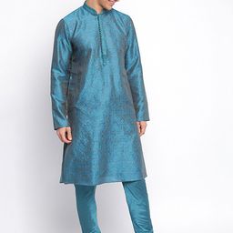 Sanwara Men Turquoise Blue Woven Design Regular Kurta with Churidar-8