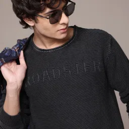 Men Self Design Round Neck Black Sweater-picture-30