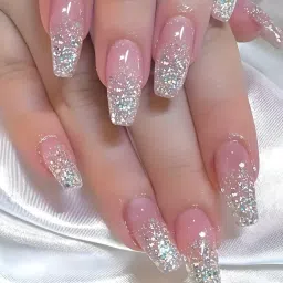 Set of 24 Artificial Reusable nails in Pink Silver Glitter design with glue Pink, Silver-image-1