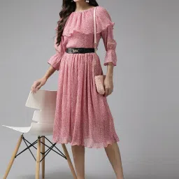 Women Fit and Flare Pink Knee Length Dress-image-92