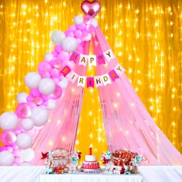 Printed Happy Birthday Decoration Items - Cursive Banner, Net, Rice Light, Glue Dots, 46 Balloon-14