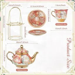 deedecorwave Pack of 13 Porcelain Tea Set Teapot with 6 Cups,6 Saucers & Holder Stand Random Pattern Designs image 2