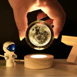 arrx 3D Crysral Ball Night Lamp USB Table Colorful LED Wooden Base (Moon) Night Lamp image 2