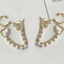 Butterfly Inspired Korean Earrings One with Chain and One without Cubic Zirconia Brass Drops & Danglers-image-48