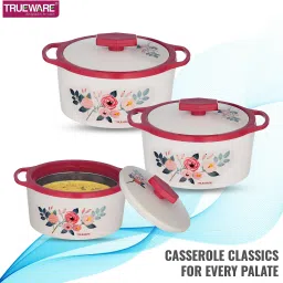 Floraa Inner Steel Outer Plastic 600 ML, 800 ML & 1100 ML Thermoware Pack of 3 Thermoware Casserole-99