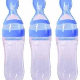 Baby Squeezy Food Grade Silicone Bottle Feeder with Soft Silicon|Spoon Feeder|Ceralac Feeder|Rice Paste Milk Food Feeder 90 ML (Squeezy Feeder Pack of 3 ( Blue )- SILICONE-12