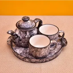 Pack of 4 Ceramic Hand Painted Kitchenware Ceramic Tea Kettle Set 1 Kettle,1 Tray, Tea Cup 2-picture-2