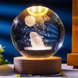 Moon Rabbit Crystal Ball 2.4" Glass Globe with LED Wooden Base Table Lamp Night Lamp-10