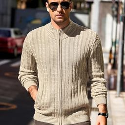 Men Self Design Turtle Neck Beige Sweater-image-27