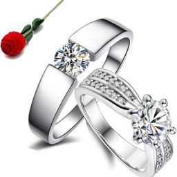 Stylish Love Valentine Solitaire Couple Ring Stainless Steel Swarovski Zirconia Silver Plated Ring Set with Rose Box Packing Stainless Steel Cubic Zirconia Silver Plated Ring Set-image-99