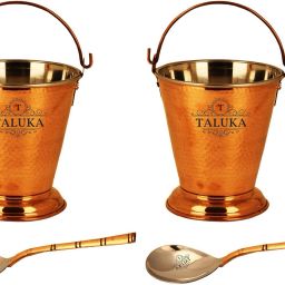 (5" x 6" inches approx) 2 Steel Copper Bucket - 400 ML with 2 Spoon - Serving Dal, Vegetable Bowl, Spoon Serving Set-16