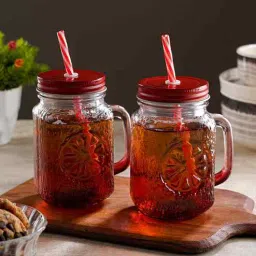 ceradeco Set of 2 Red Coloured Mason Jar With Metal Lid & Straw 480 Ml Each-picture-40