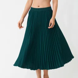 Women Solid Pleated Dark Blue Skirt-image-76