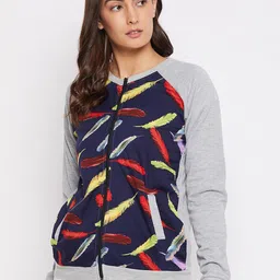 PURYS Women Grey & Navy Blue Floral Fleece Bomber Jacket-image-83