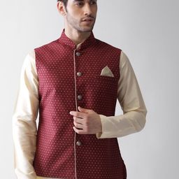 KISAH Men Maroon Geometric Printed Nehru Jacket-15