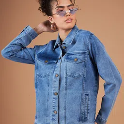 SASSAFRAS Blue Washed Spread Collar Denim Jacket-image-99