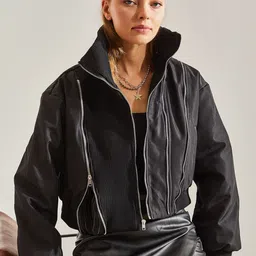 BIANCO LUCCI Mock Collar Open Front Jacket-28