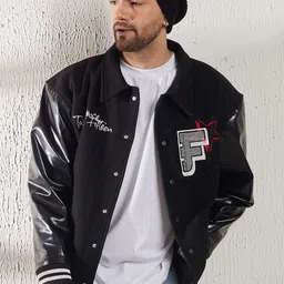 FUGAZEE Black Graphic Printed Woollen Bomber Jacket-50