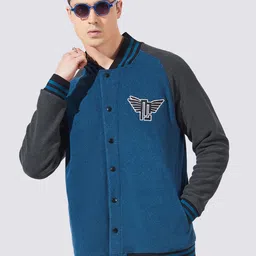Maniac Mandarin Collar Colourblocked Loopnet Slim Fit Cotton Bomber Jacket-image-39